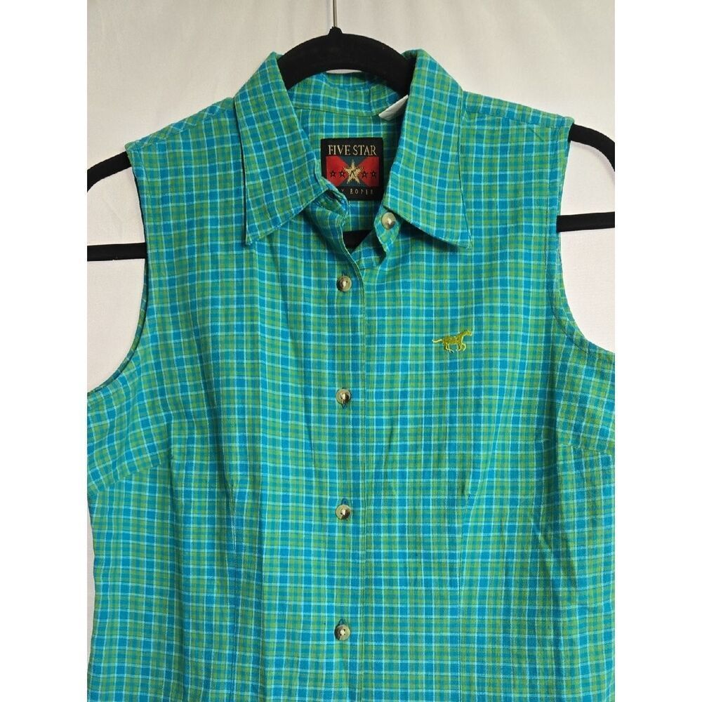 Five Star Teal and Aqua Plaid Sleeveless Button-Front Shirt